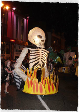 Skeleton costume at Derry Halloween party