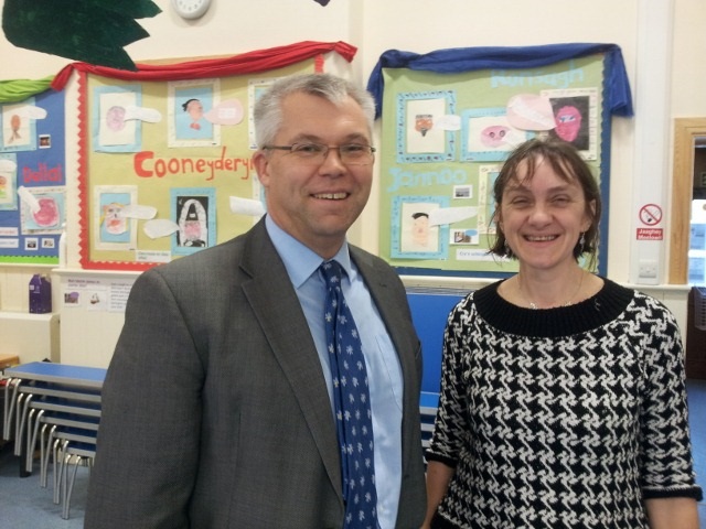 Chairman of the Guernsey Language Commission with Julie Matthews (Head Teacher of Bunscoill Ghaelgagh)