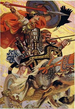 Cuchulain in Battle, illustration by J. C. Leyendecker in T. W. Rolleston's Myths & Legends of the Celtic Race, 1911.