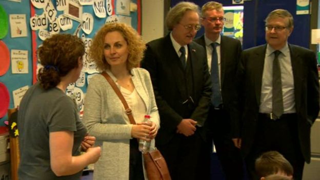 Delegation from COE visiting Bunscoil Phobail Feirste on Monday. Picture BBC NI.