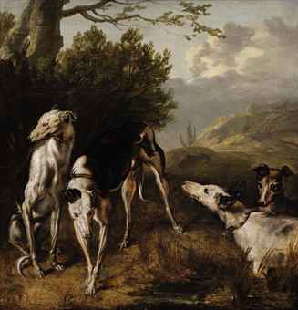 Four greyhounds in wooded landscape 17th century