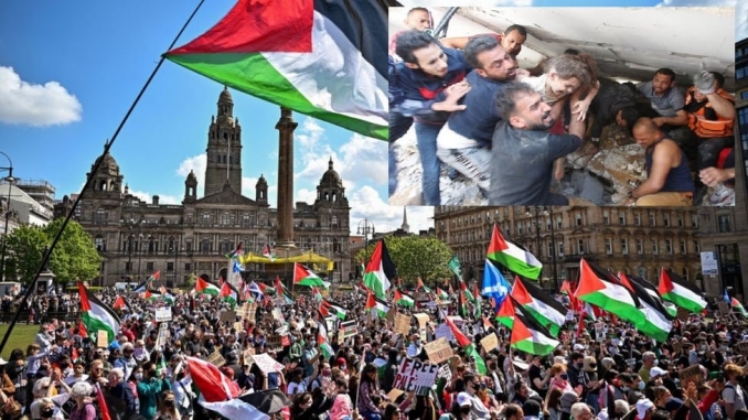 Glasgow protest - Inset the human cost a child pulled from the rubble of a bombed building in Gaza via the Celtic League