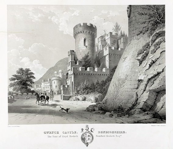 Gwrych Castle engraving by Walton, W.L., c. 1840 Denbighshire.