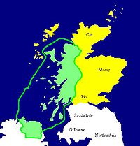 Map of Dál Riata at its height, c. 580–600. Pictish regions are marked in yellow.