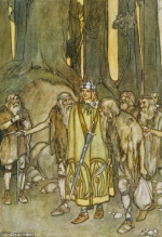 Fionn mac Cumhaill meets his father's old retainers in the forests of Connacht; illustration by Stephen Reid 1932.