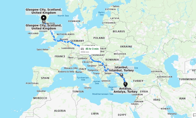 Map of route from Glasgow to Antalya