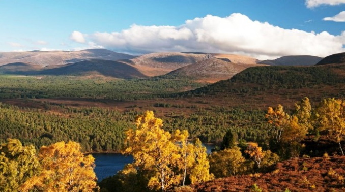 Rothiemurchus forest Loch-an-Eilein and Cairngorms from Ord-Ban-Hill. Courtesy of Cairngorms National Park website.