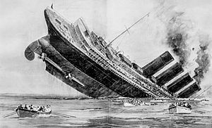 Norman Wilkinson painting of the sinking of the Lusitania from London Illustrated News