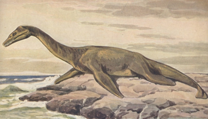 Painting of a plesiosaur in land by Heinrich Harder