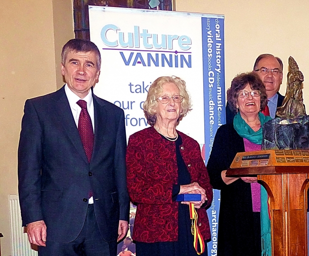 Hon Phil Gawne MHK and Geoff Corkish MBE MLC with Mrs Joan Caine and Mrs Margaret Kennaugh