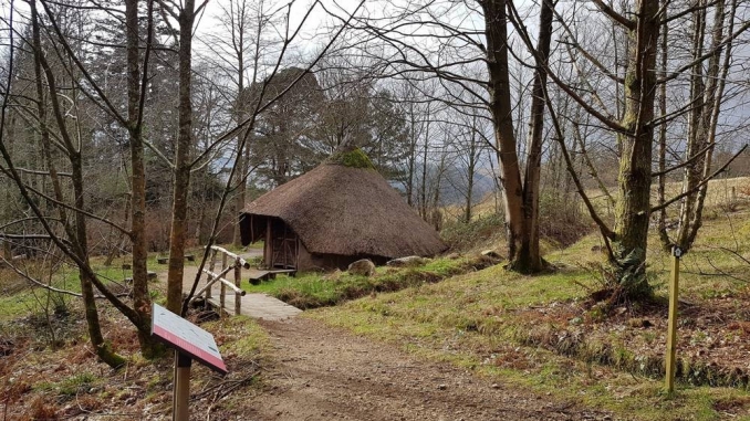 Replica Bronze Age roundhouse in Brodick Castle Country Park courtesy of National Trust for Scotland.