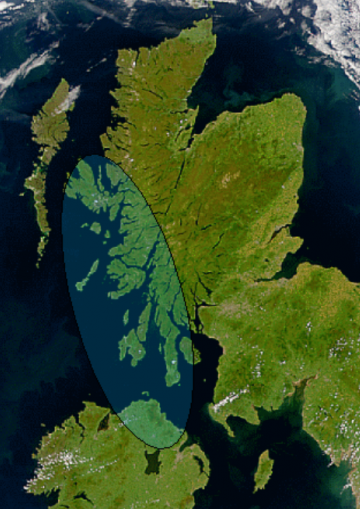 Satelite image showing shaded image of Dal Riata at its height. Image wikipedia