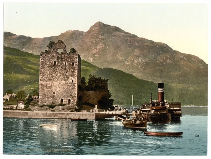 The ruin of Carrick Castle around 1890, with pier attracting tourism. Image courtesy of Library of Congress.