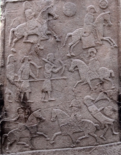 Pictish Stone at Aberlemno Church Yard said to detail the Battle of Nechtansmere. Attributed image author Greenshed.