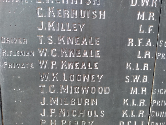 W.P Kneale carved on Ramsey War Memorial